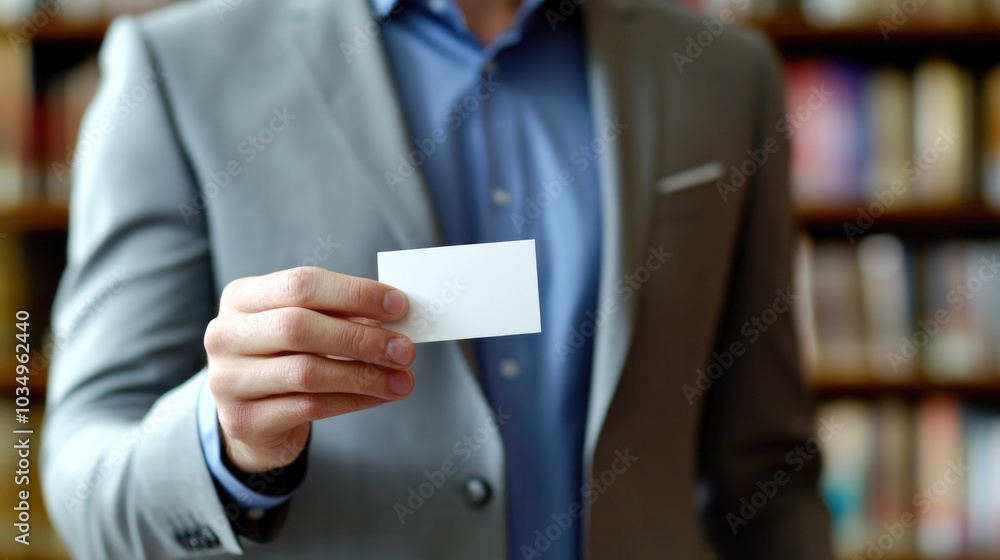 Professional businessman holding blank business card in modern office setting Professional businessman holding blank business card in modern office setting