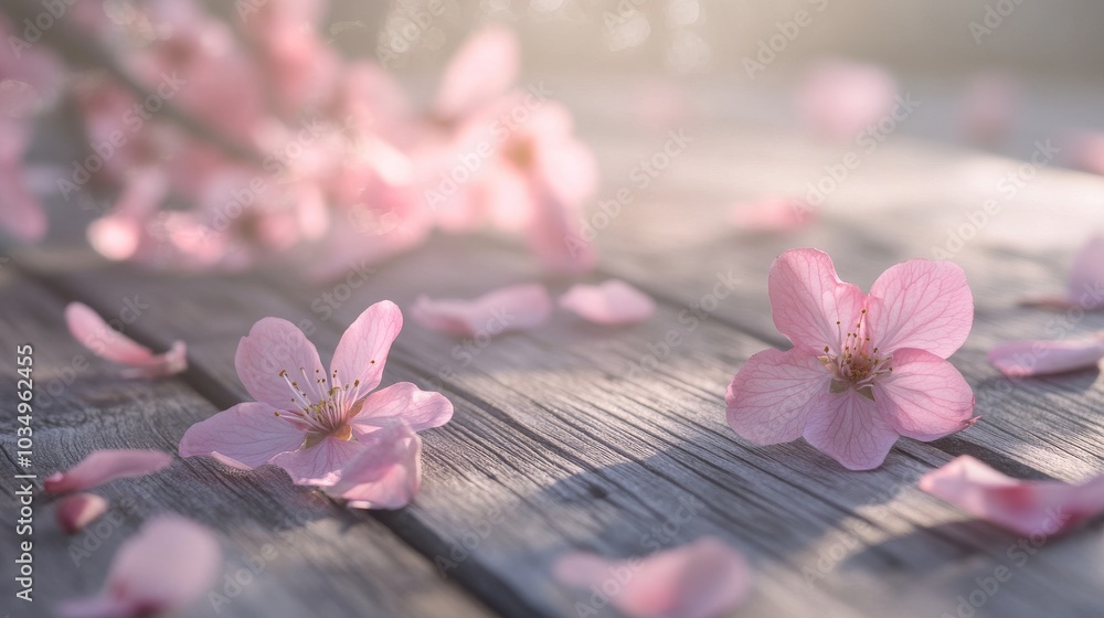 sun-dappled pink blossoms scatter across weathered wooden table macro focus reveals intricate petal textures against grainy wood soft bokeh background hints at orchard beyond interplay of light and sun-dappled pink blossoms scatter across weathered wooden table macro focus reveals intricate petal textures against grainy wood soft bokeh background hints at orchard beyond interplay of light and