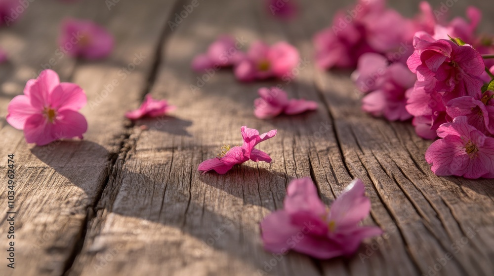 sun-dappled pink blossoms scatter across weathered wooden table macro focus reveals intricate petal textures against grainy wood soft bokeh background hints at orchard beyond interplay of light and sun-dappled pink blossoms scatter across weathered wooden table macro focus reveals intricate petal textures against grainy wood soft bokeh background hints at orchard beyond interplay of light and