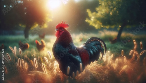 Close-Up of a Rooster with a Vibrant Red Comb in a Sunlit Field, Surrounded by Free-Range Hens and Soft Bokeh Background, Showcasing the Beauty of Natural Farm Life at Dawn