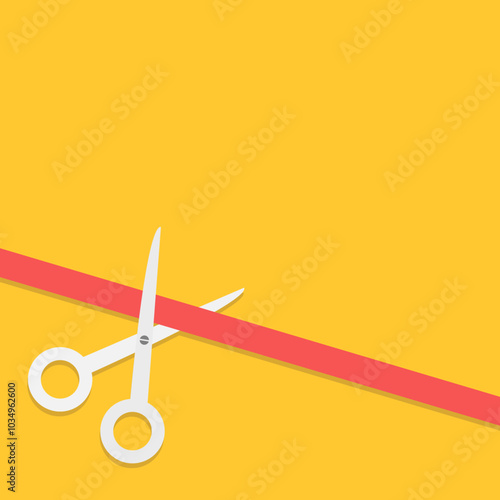 Scissors cut straight red ribbon on the left . Grand opening ceremony. Inauguration. New store business launch. Startup. Banner template. Flat design style. Yellow background. Isolated. Vector