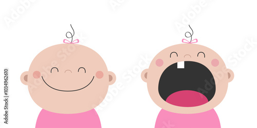 Baby girl twins smiling crying. Child toddler icon. Kid infant head with tooth. Cute cartoon kawaii funny character. Invitation, greeting card poster sticker print. Flat design White background Vector