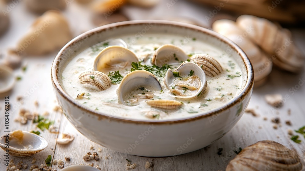 Delicious clam chowder served in a rustic bowl with fresh clams Delicious clam chowder served in a rustic bowl with fresh clams