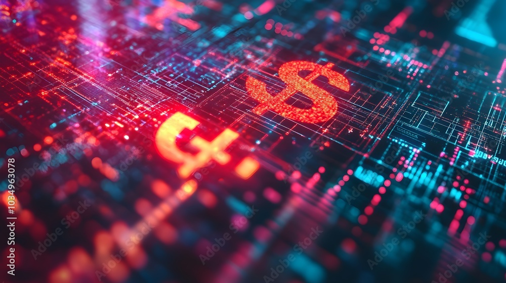 Surreal double exposure with dollar and yuan symbols entangled, set against a high-tech, futuristic background of digital grids and neural network patterns Surreal double exposure with dollar and yuan symbols entangled, set against a high-tech, futuristic background of digital grids and neural network patterns