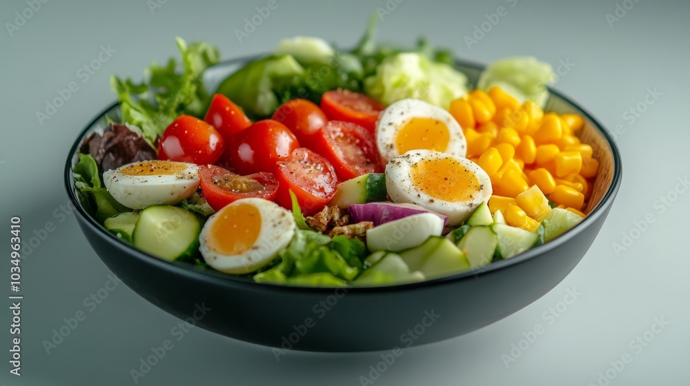Fresh Cobb salad with ingredients on a modern table setting Fresh Cobb salad with ingredients on a modern table setting