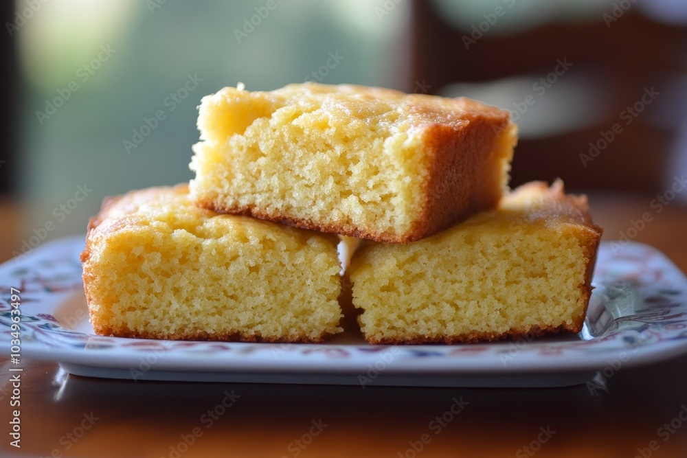 Freshly baked cornbread slices served on a decorative plate Freshly baked cornbread slices served on a decorative plate