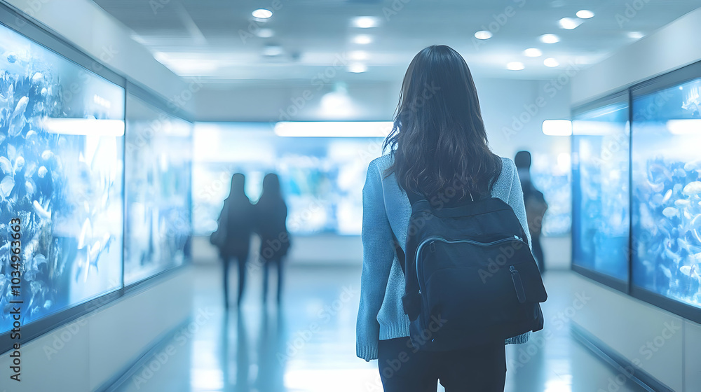 Exploring the Depths: A Woman Walks Past Aquarium Exhibits, Immersed in a World of Underwater Wonder Exploring the Depths: A Woman Walks Past Aquarium Exhibits, Immersed in a World of Underwater Wonder