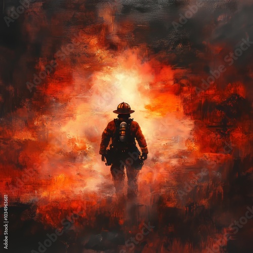 Brave Firefighter Walking Through Smoke and Flames