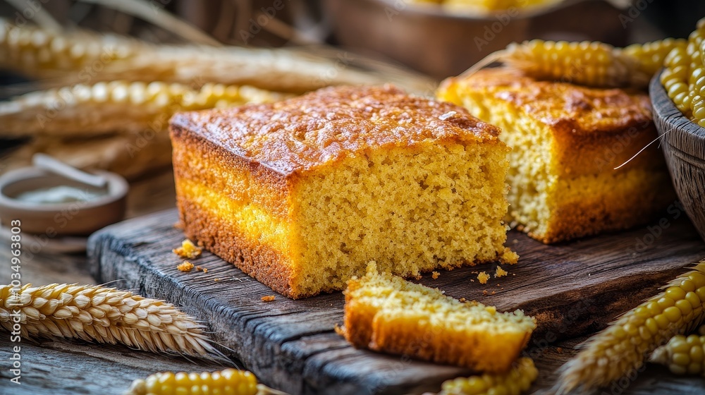 Freshly baked cornbread with a rustic wooden background and wheat Freshly baked cornbread with a rustic wooden background and wheat