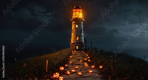 A haunted Halloween-themed lighthouse with a broken light