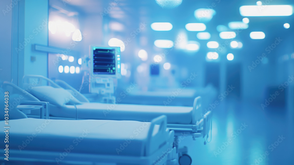Modern hospital ward with empty beds and advanced medical equipment in blue light Modern hospital ward with empty beds and advanced medical equipment in blue light