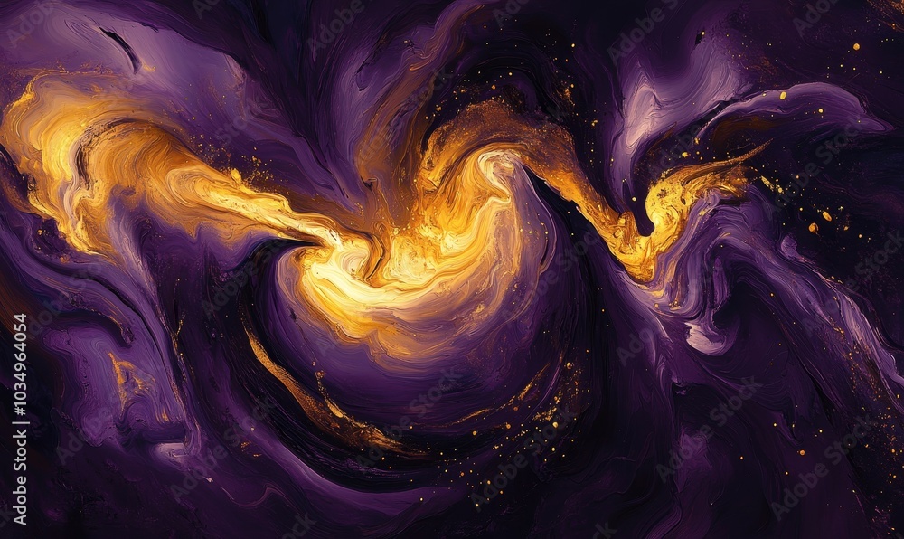Obraz premium Abstract art with purple and gold swirls.