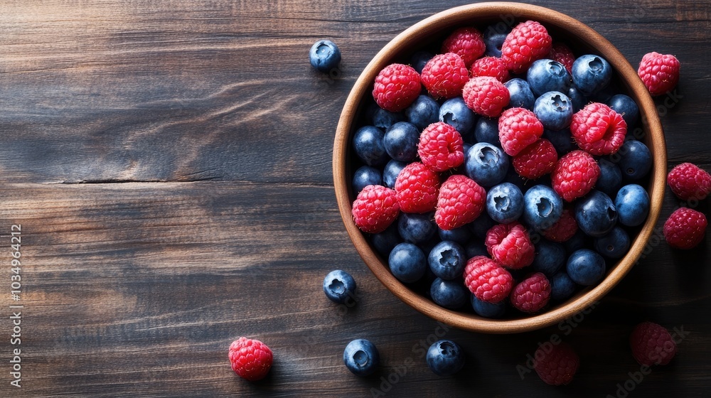Fresh Berries in Wooden Bowl on Rustic Table Fresh Berries in Wooden Bowl on Rustic Table