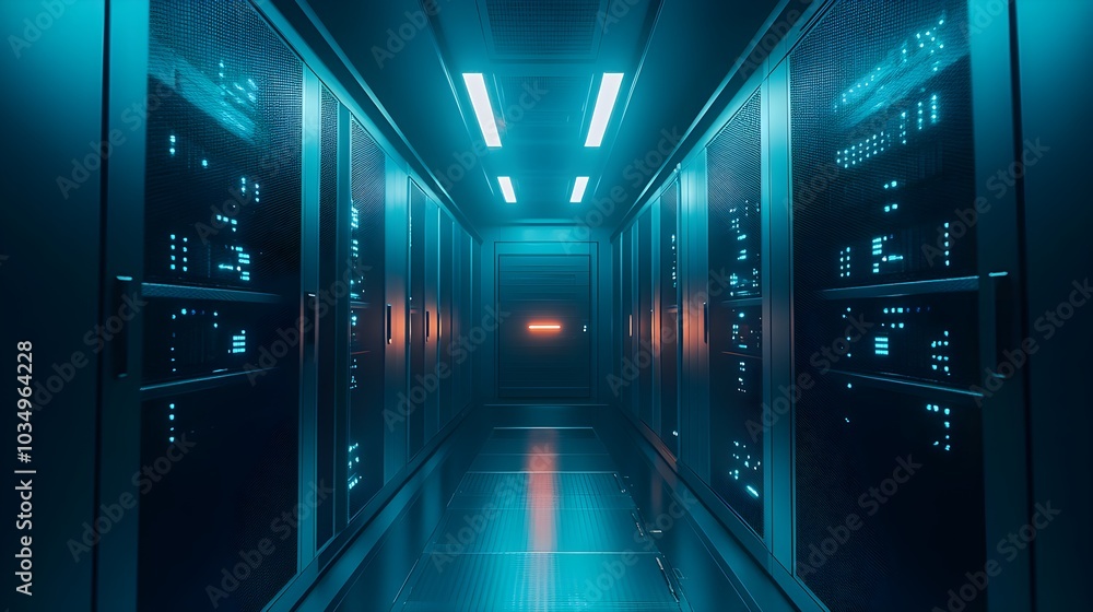 Top-down view of a futuristic server room, illuminated by soft ambient lighting, LED indicators glowing in the dark, Cool Tones, Minimalist, High-Tech Design Top-down view of a futuristic server room, illuminated by soft ambient lighting, LED indicators glowing in the dark, Cool Tones, Minimalist, High-Tech Design