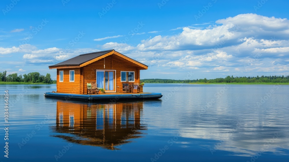 Serene Floating Cabin on Calm Water Surface Serene Floating Cabin on Calm Water Surface