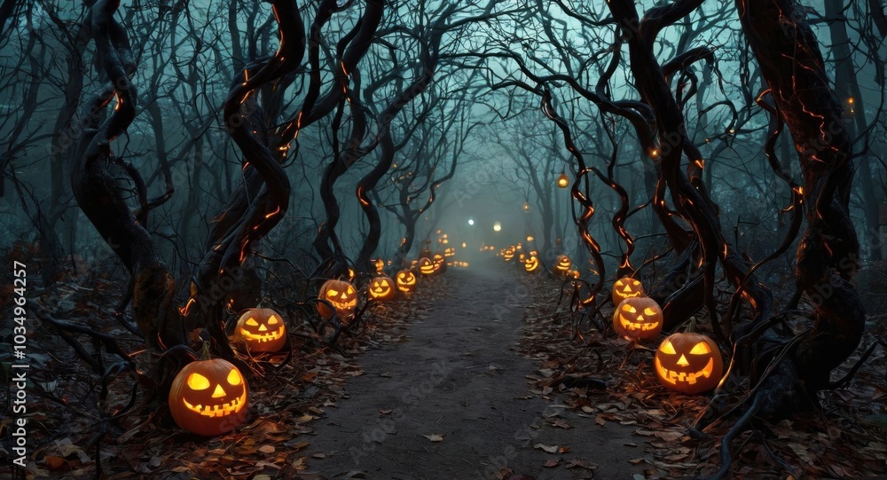 A haunted Halloween-themed forest with twisted trees A haunted Halloween-themed forest with twisted trees