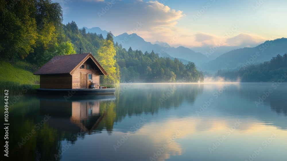 Tranquil Lakeside Cabin at Sunrise Tranquil Lakeside Cabin at Sunrise