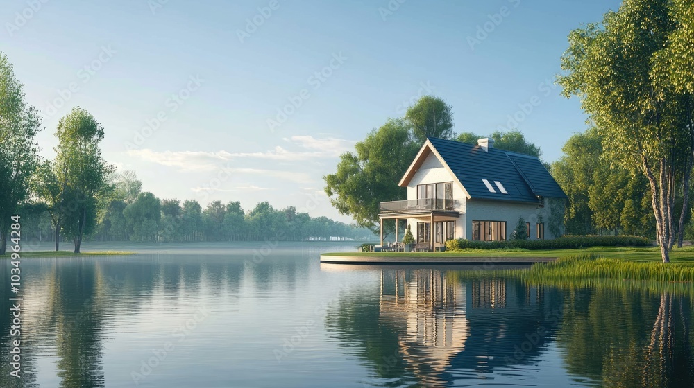 Serene Lakeside House with Lush Green Surroundings Serene Lakeside House with Lush Green Surroundings