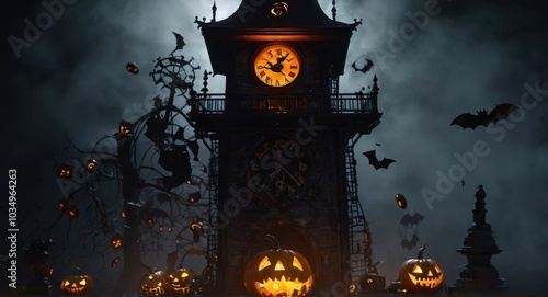 A creepy Halloween-themed clock tower with broken gears photo