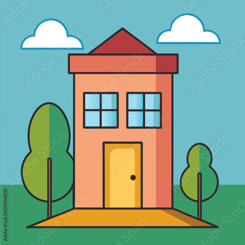 A cartoon drawing of a building with a door and a window vector illustration