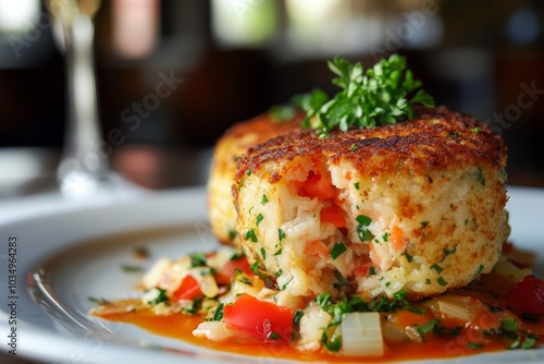 Savory crab cakes served with fresh herbs and vibrant sauce