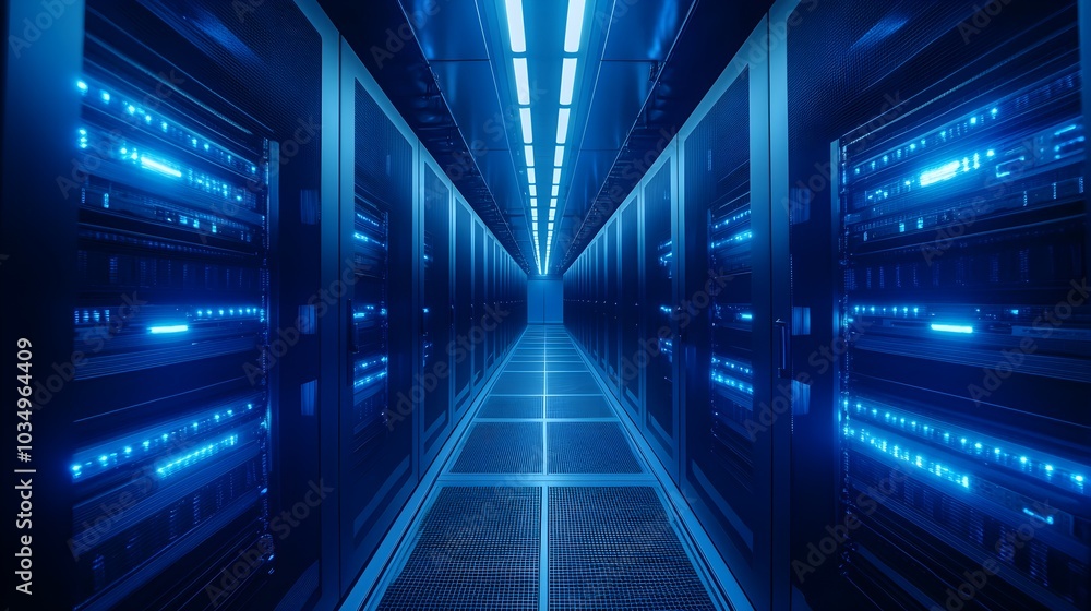 Top-down view of server racks in a dimly lit data center, blue LEDs glowing softly, showcasing the complexity and organization of modern tech infrastructure, Futuristic, Symmetrical Top-down view of server racks in a dimly lit data center, blue LEDs glowing softly, showcasing the complexity and organization of modern tech infrastructure, Futuristic, Symmetrical