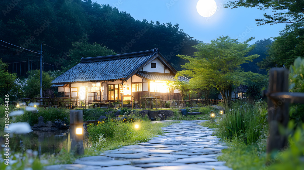 Tranquil Japanese House with Stone Path and Moonlight Tranquil Japanese House with Stone Path and Moonlight