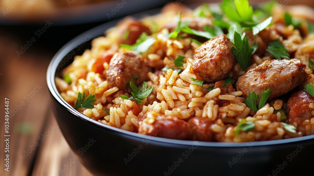 Delicious jambalaya with spices, sausage, and rice in a bowl Delicious jambalaya with spices, sausage, and rice in a bowl