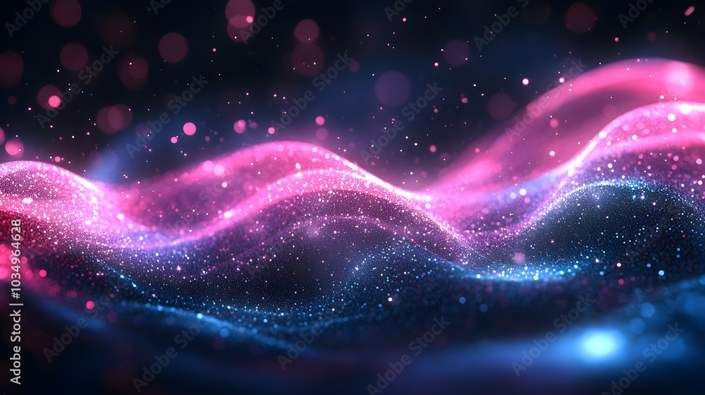 Fototapeta premium Vibrant pink and blue data waves flowing seamlessly, creating a hypnotic rhythm on a dark background, symbolizing continuous digital analytics