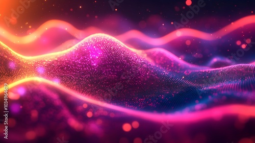 Vibrant sound waves in close-up, glowing with energy, creating an intricate web of digital signals, Abstract, Futuristic, High-tech, Neon Color Palette