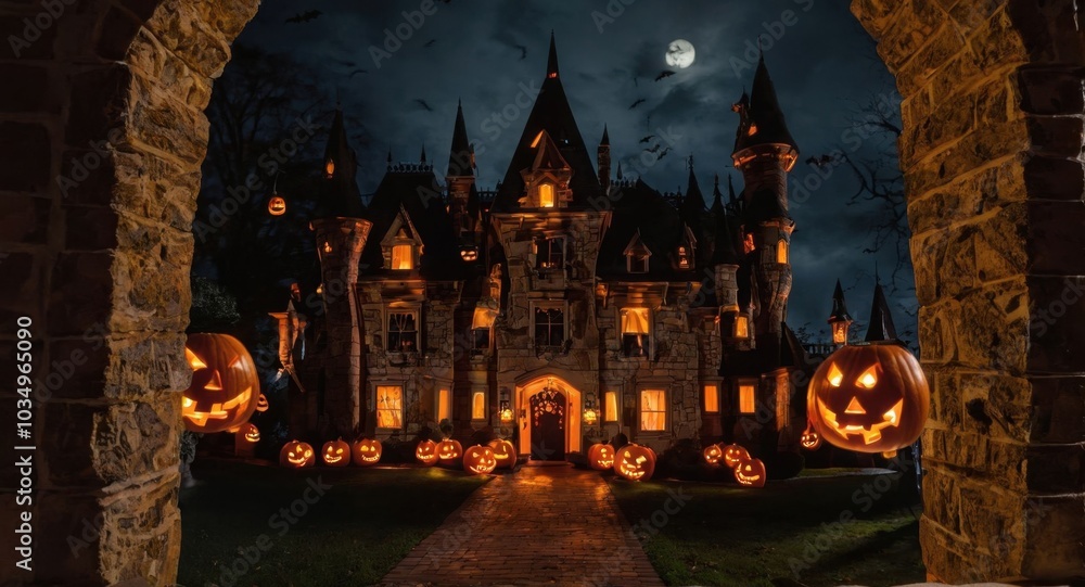 A haunted Halloween-themed castle with glowing jack-o'-lanterns A haunted Halloween-themed castle with glowing jack-o'-lanterns