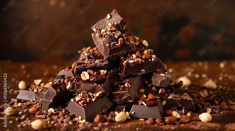 A mountain of rich chocolate sprinkled with peanuts and raisins A mountain of rich chocolate sprinkled with peanuts and raisins
