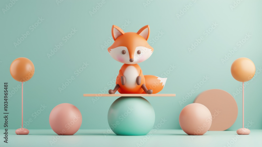 Fototapeta premium Cute Fox Balancing on a Seesaw with Pastel Colored Spheres