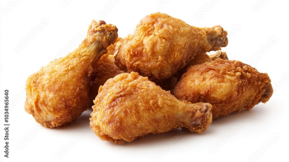 Crispy fried chicken drumsticks served on a white background Crispy fried chicken drumsticks served on a white background