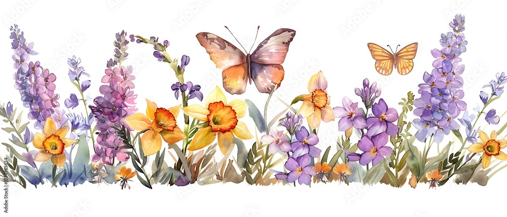 Fototapeta premium Delicate Watercolor Floral Arrangement with Butterflies