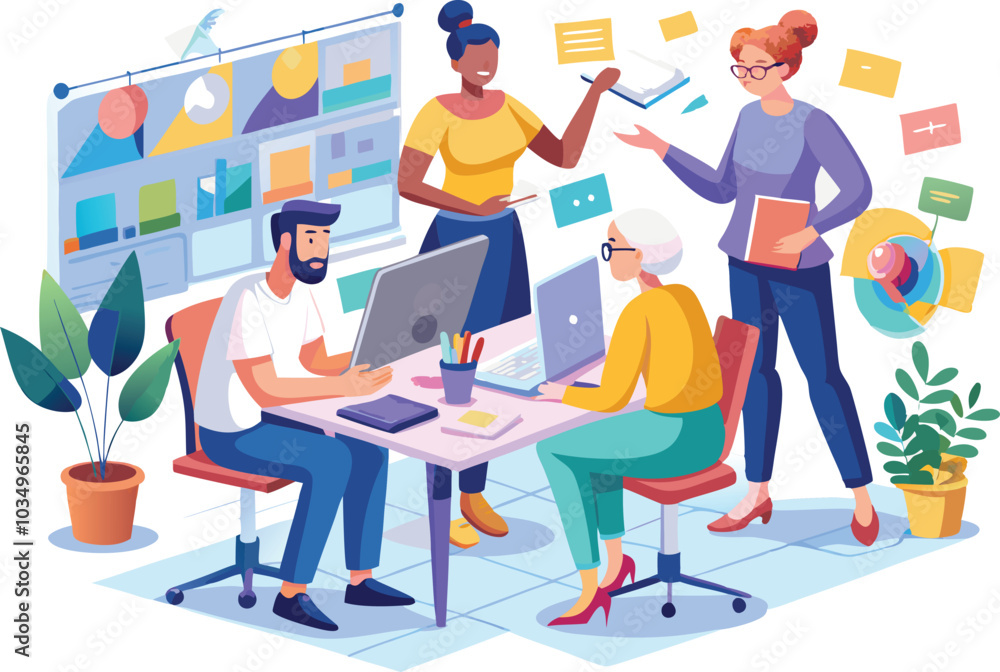 Creative Office Team Brainstorming and Project Collaboration – Vector Illustration. Creative Office Team Brainstorming and Project Collaboration – Vector Illustration.