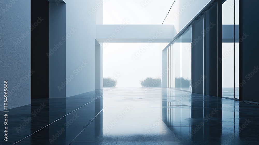 Fototapeta premium Modern Minimalist Interior with Glass Facade and Light