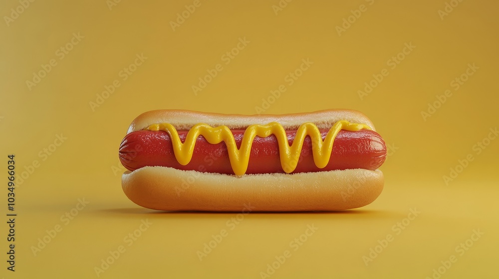 A tasty hot dog topped with mustard and ketchup on a yellow surface A tasty hot dog topped with mustard and ketchup on a yellow surface
