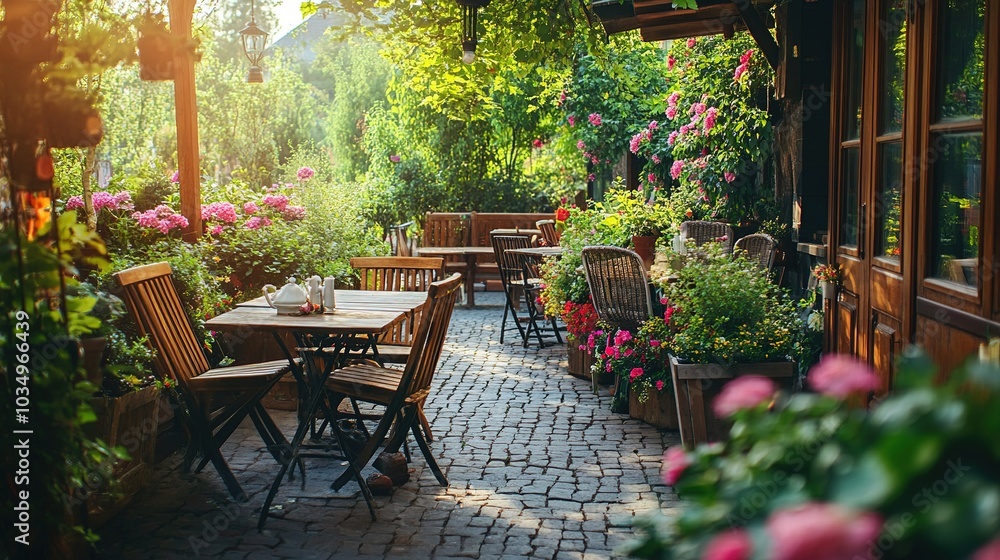Charming Garden Patio with Blooming Flowers Charming Garden Patio with Blooming Flowers