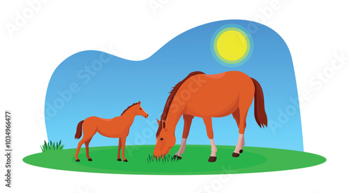 A horse with grass and a foal in a meadow or field. Vector illustration.