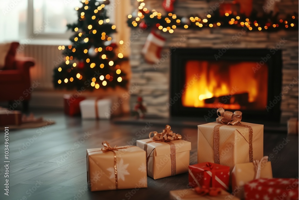 Christmas gifts in the living room with a fireplace and a Christmas tree on a blurred background with copy space Christmas gifts in the living room with a fireplace and a Christmas tree on a blurred background with copy space