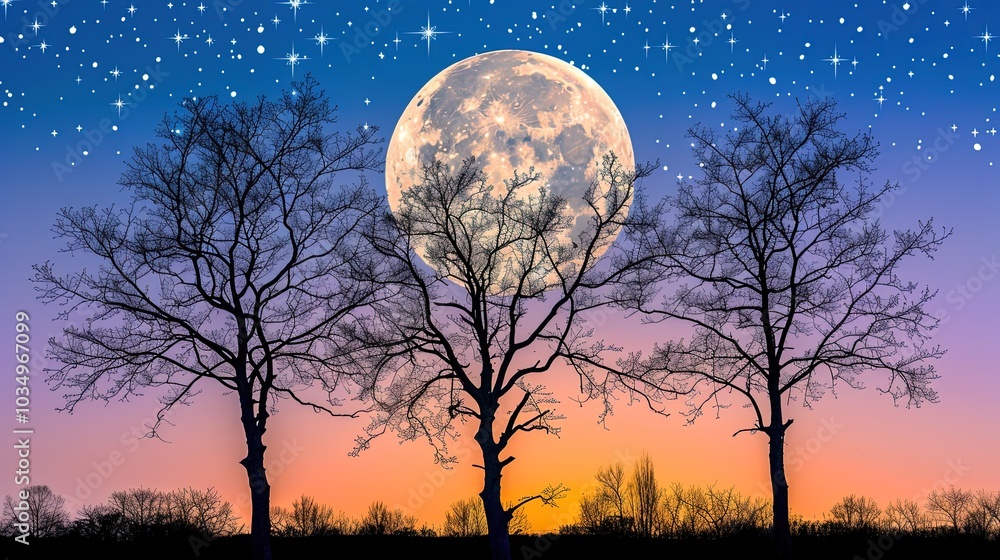 Fototapeta premium Supermoon Silhouetted by Leafless Tree Branches, Casting a Soft Glow and Creating a Mysterious Night Scene with Faint Stars