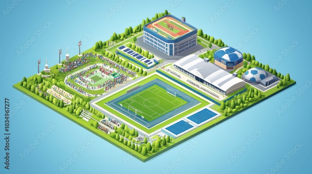Isometric View of a Sports Complex with a Soccer Field, Stadium, and Surrounding Park Isometric View of a Sports Complex with a Soccer Field, Stadium, and Surrounding Park
