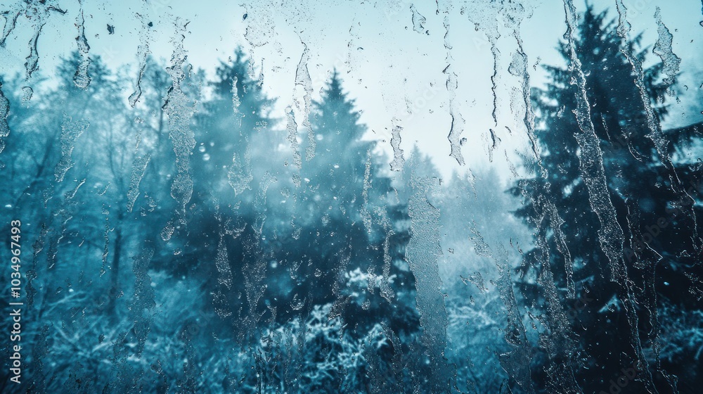 Winter Landscape Through Frozen Window Winter Landscape Through Frozen Window