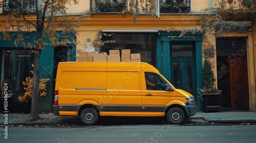 A yellow delivery van with a stack of cardboard boxes on the roof is parked in front of a building.