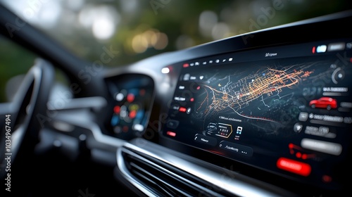 Futuristic car dashboard with a glowing GPS map sleek vehicle design and real time navigation 3D of a high tech modern and innovative automotive user interface