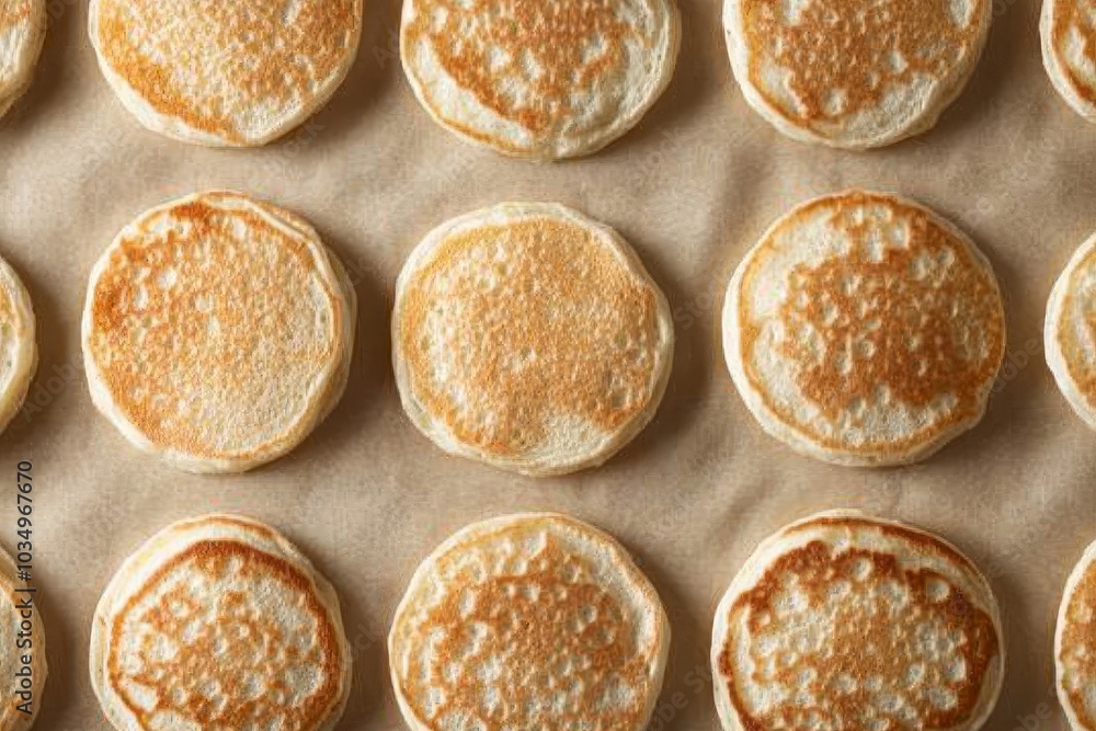 Fluffy pancakes arranged neatly on parchment paper in a kitchen Fluffy pancakes arranged neatly on parchment paper in a kitchen