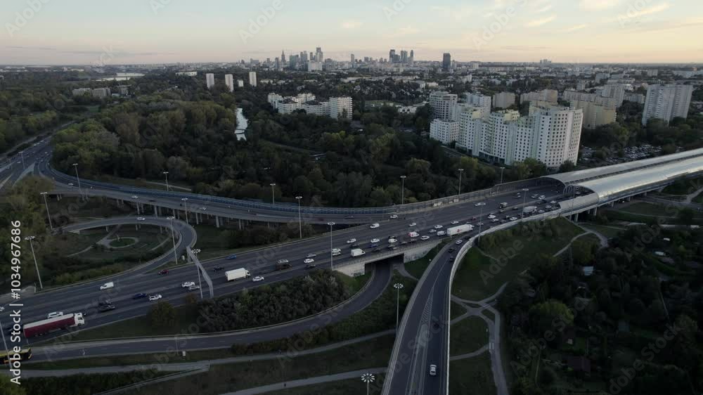 S8 highway junction and skyline of Warsaw, aerial drone view S8 highway junction and skyline of Warsaw, aerial drone view