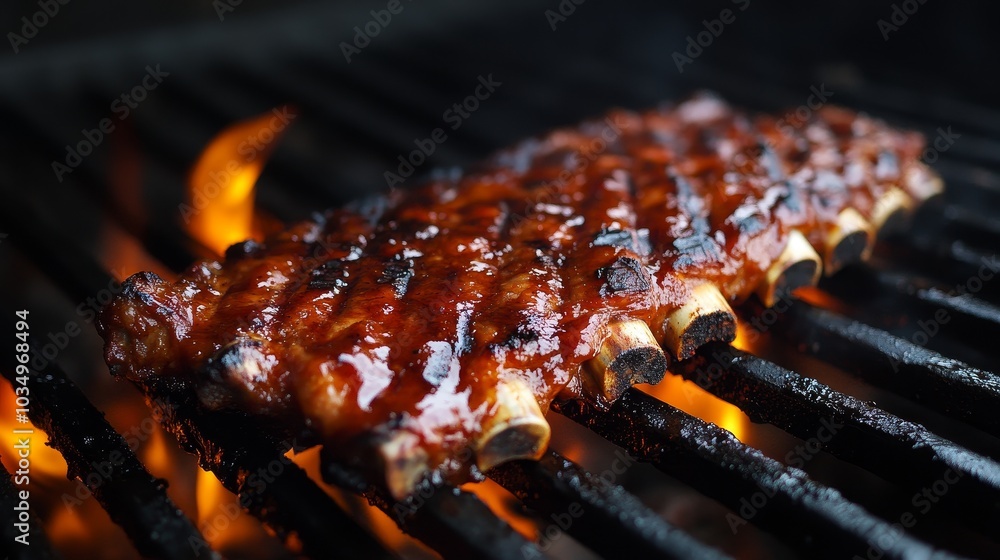 Delicious pork BBQ ribs grilling over an open flame outdoors Delicious pork BBQ ribs grilling over an open flame outdoors