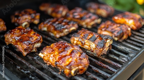 Tender pork BBQ ribs grilling on a backyard barbecue in summer